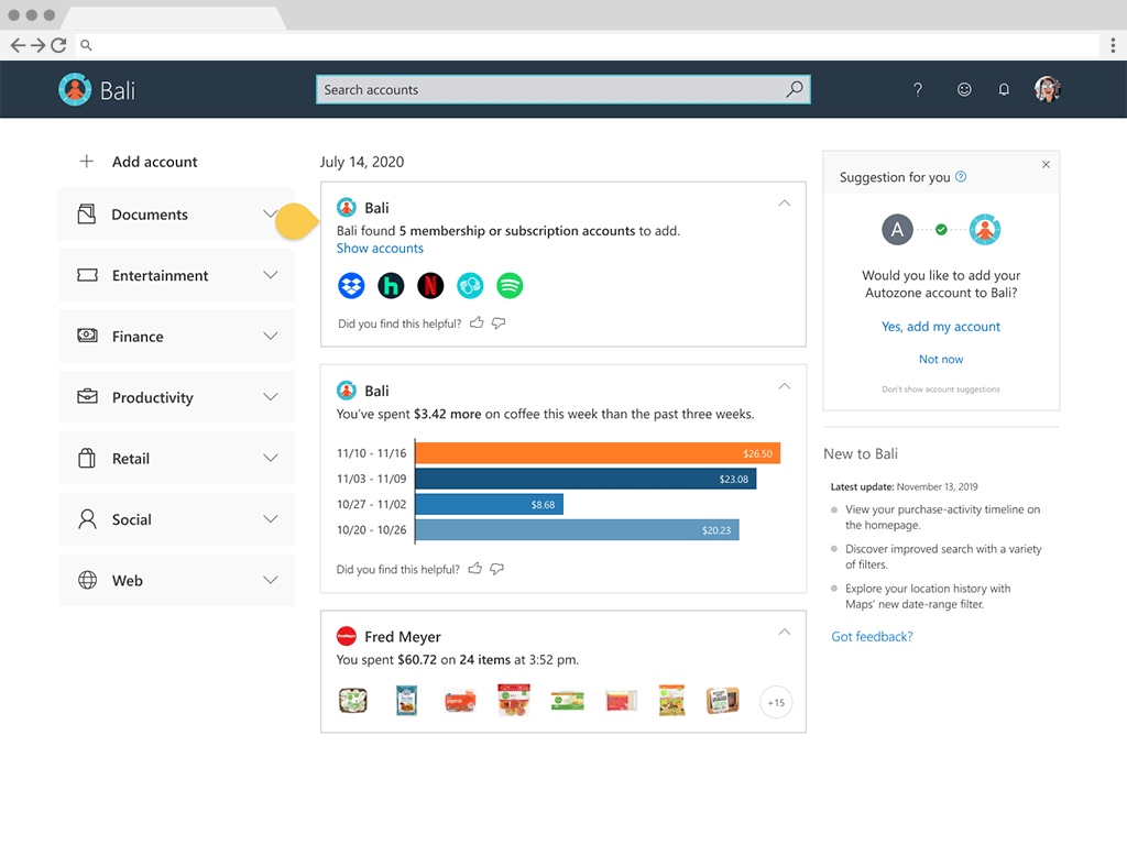 Bali suggests subscriptions based on email or bank data.